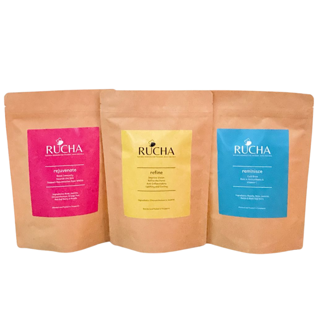 Save when you purchase this bundle of three comprising one pouch each of RUCHA Remedies [rejuvenate], [reminisce] and [refine] blend. Great as hot infusion as well as cold brew. 