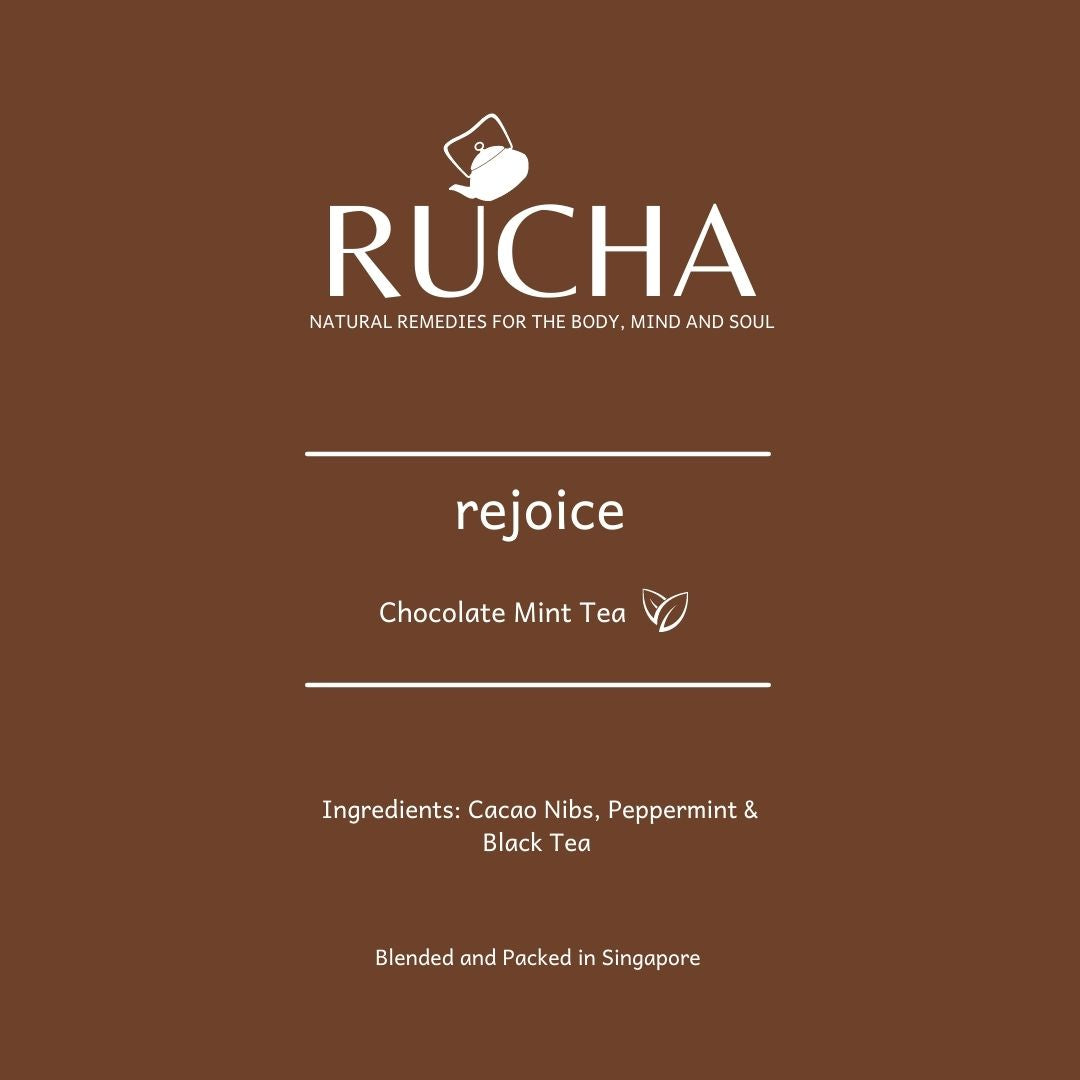 RUCHA Remedies [rejoice] blend is a chocolate mint tea crafted using premium roasted cacao nibs, peppermint leaves and black tea leaves. 