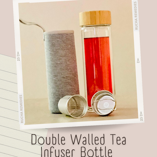 Double walled tea infuser bottle made from heat resistant borosilicate glass. The tea infuser can be used to steep fruits, tea leaves and it is detachable. A soft sleeve protects the bottle and comes with a loop for easy carrying. 