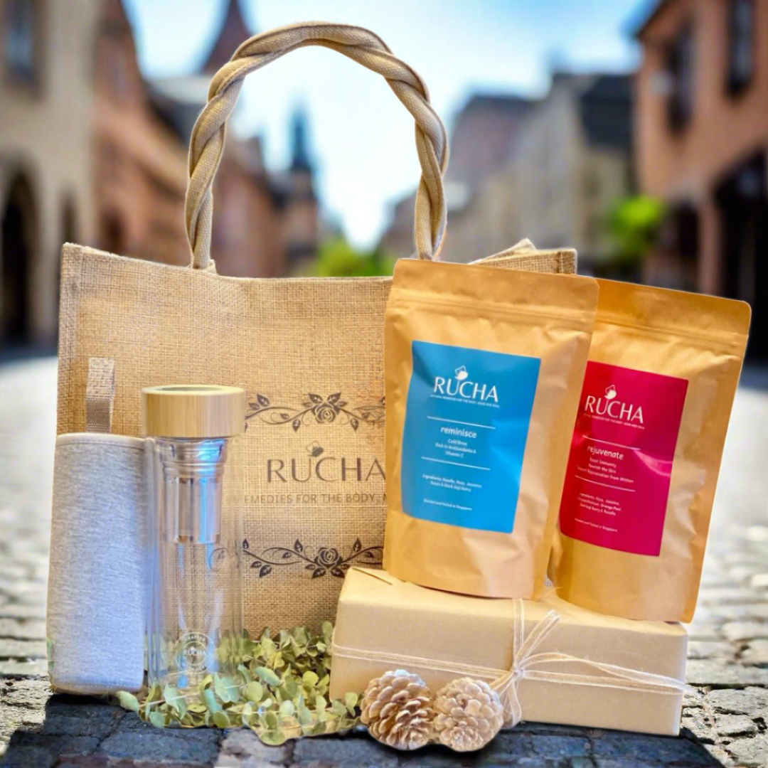 Awesome gift for someone you care about. Comes in a large RUCHA Remedies tote bag with a double walled tea infuser bottle and two packs of tisane (caffeine free flower tea). Nice gift at an amazing price!