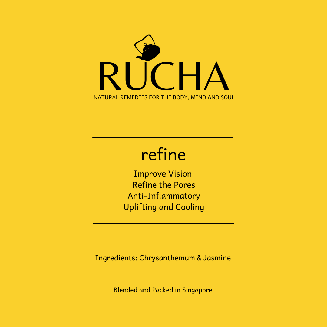 RUCHA Remedies [refine] blend has some amazing benefits to love for. It may improve vision and ease dryness of eyes. May refine facial pores. Has anti-inflammatory properties. An uplifting and cooling tisane (flower tea) to enjoy anytime.